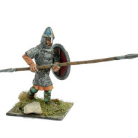Norman warrior with coat of mail, spear and shield, attacking.