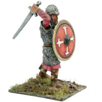 Norman warrior with coat of mail, sword and shield, attacking.