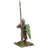 Norman warrior with coat of mail, spear and shield, standing.