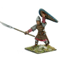 Norman warrior with armor of scales, shield and sword.
