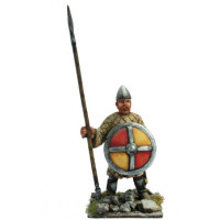 Norman warrior with padded coad, spear and shield, standing.