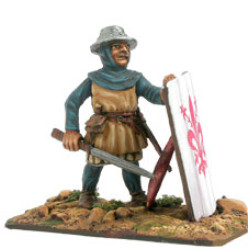 Infantryman with pavise, iron cap and axe.
