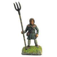 Farmer with hood an pitch fork, standing
